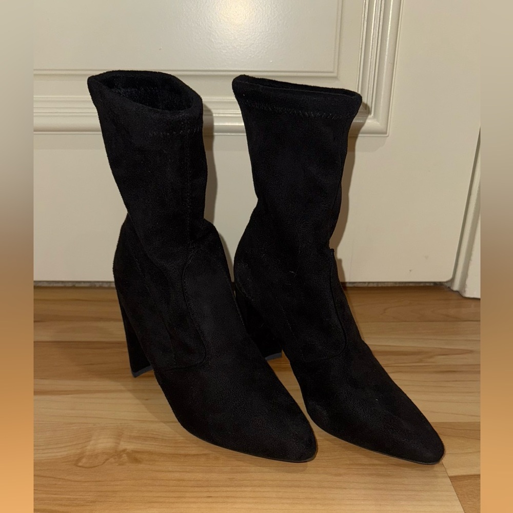 Suede Black Heeled Booties - Picture 1 of 6
